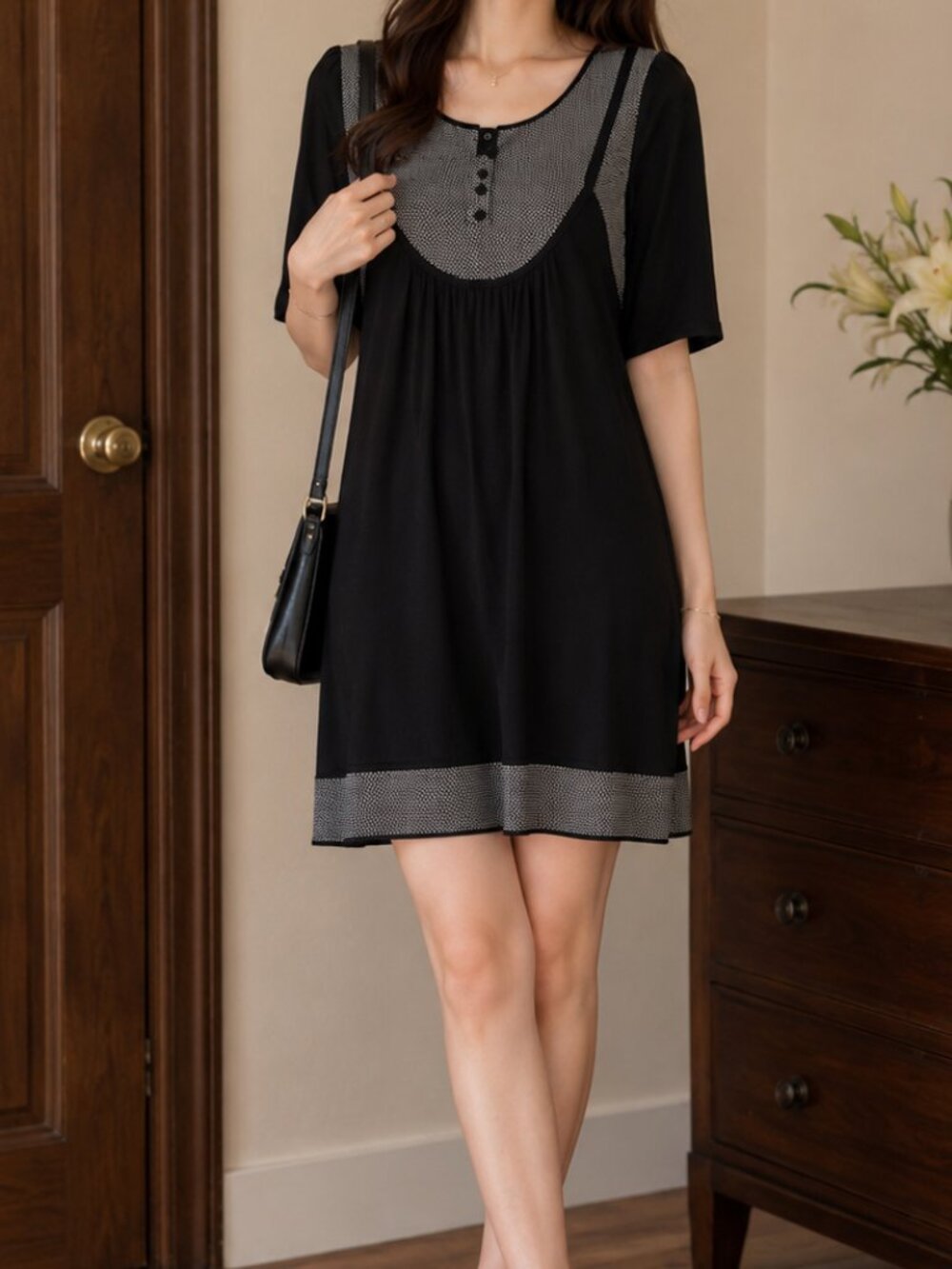Women's fake two-piece dress half sleeve US Size S
